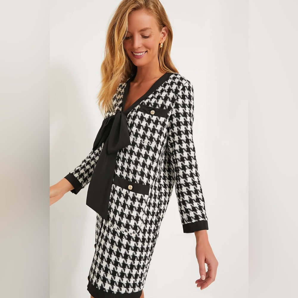 Pomander Place Coco Tweed Houndstooth Bow Mini Dress Black White - Worn Once